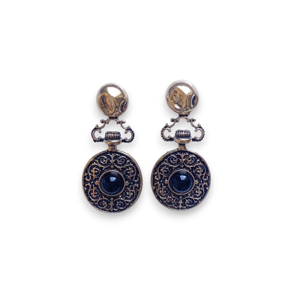 Siyah Taşlı Vintage Sallantılı Antik Küpe